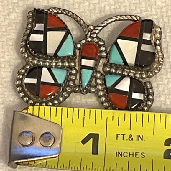 Zuni Native American Inlay Gemstones Butterfly Pin Brooch Pendant Signed Silver - Picture 12 of 13